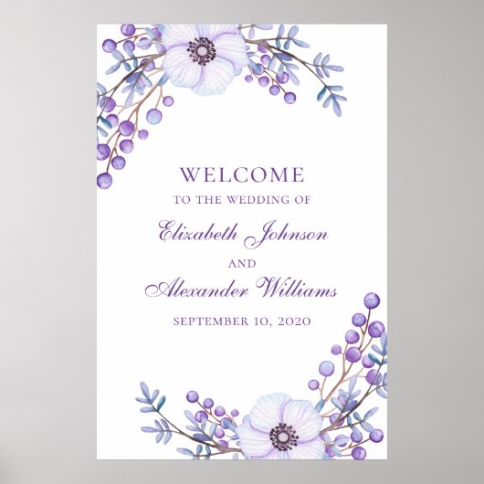 Paarse trouwdruk. Violet bloemen welkomstteken Poster (Voorkant)