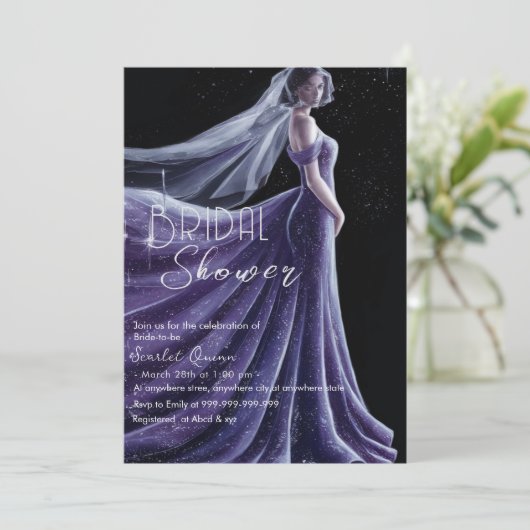 paarse trouwjurk vrijgezellenfeest kaart (Staand voorkant)