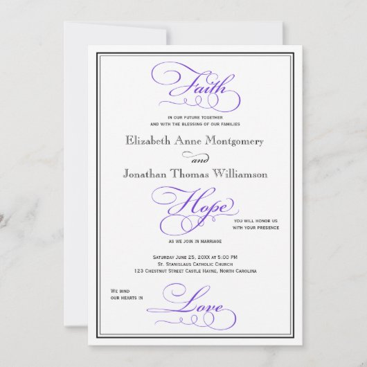 Paarse Trouwkaart met Faith Hope Love Lettertype Kaart (Voorkant)