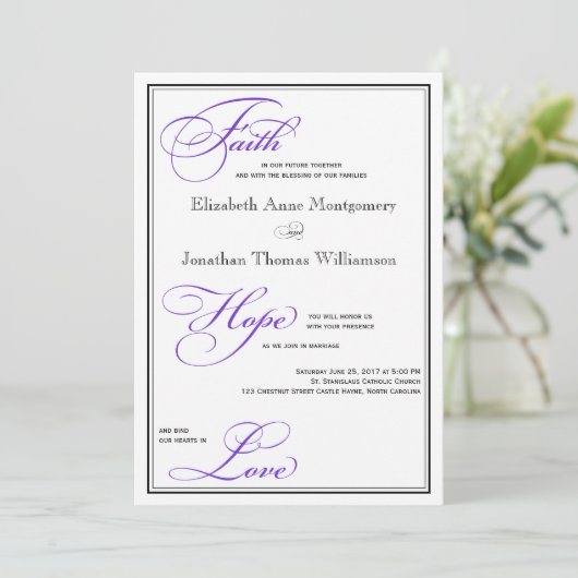 Paarse Trouwkaart met Faith Hope Love Script Kaart (Staand voorkant)