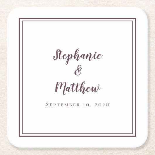 Paarse trouwnamen Datum Eenvoudig Modern Minimalis Kartonnen Onderzetters (Voorkant)