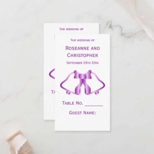 Paarse Trouwplaats Instelling Kaart Bells Ribbon Plaatskaartje (Voorkant / Achterkant in situ)