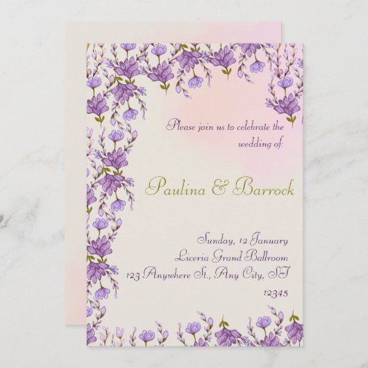 paarse trouwuitnodiging kaart (Voorkant / Achterkant)