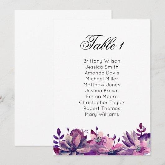 Paarse trouwzittingskaart. Boho-tabelplan Kaart (Voorkant / Achterkant)