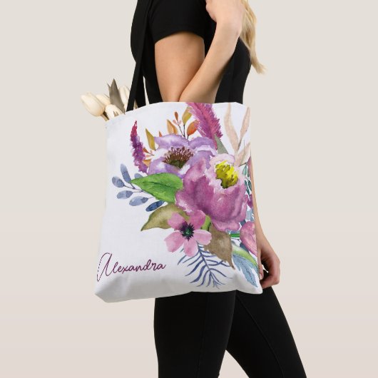 Paarse Tuin Bloem Minimalistische Aangepaste Bruid Tote Bag (Dichtbij)