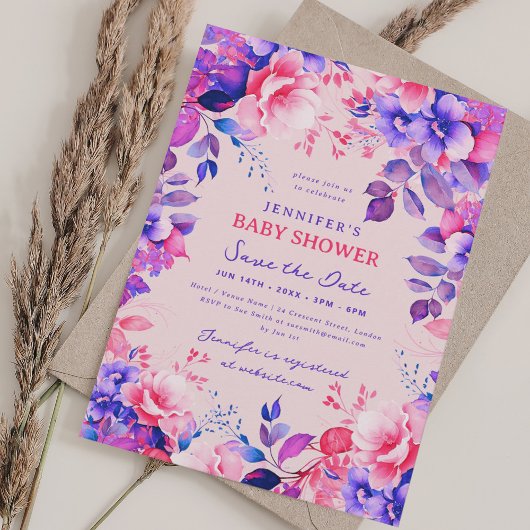 Paarse Tuin Bloemen Baby shower Save Date Blush Kaart
