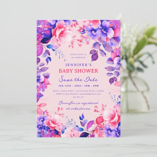 Paarse Tuin Bloemen Baby shower Save Date Blush Kaart (Staand voorkant)