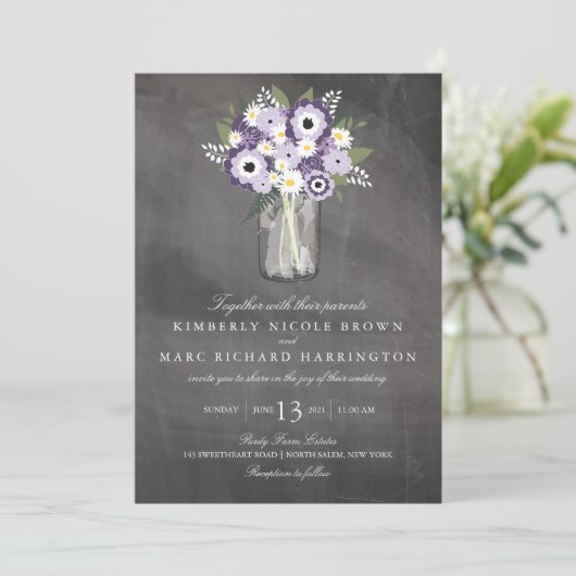 Paarse Tuin Mason Jar krijtbord | Bruiloft Kaart (Staand voorkant)