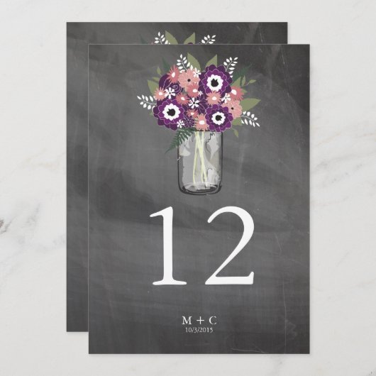 Paarse Tuin Mason Jar krijtbord | Tabelnummer Kaart (Voorkant / Achterkant)
