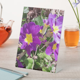 Paarse tuinbloemen reclamebord met voetstuk