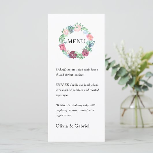 Paarse tuinbloemen Wreath. Botanische bruiloft Menu (Staand voorkant)