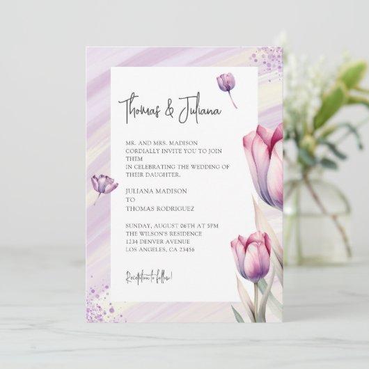 Paarse Tulip Bloem Waterverf Bruiloft Kaart (Staand voorkant)