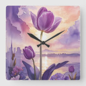 Paarse Tulip Vierkante Klok (Voorkant)