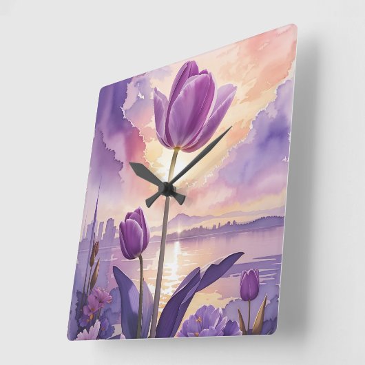 Paarse Tulip Vierkante Klok (Hoek)