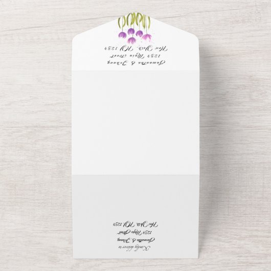Paarse Tulip Waterverf Spring Wedding Elegant All In One Uitnodiging (Buitenkant)