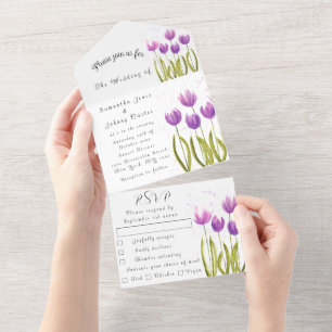 Paarse Tulip Waterverf Spring Wedding Elegant All In One Uitnodiging
