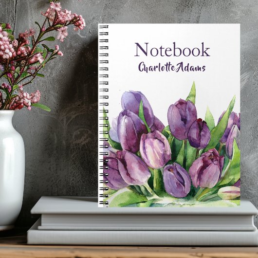 Paarse Tulips Floral Waterverf Pattern Notitieboek