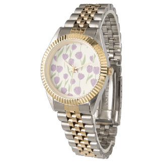 Paarse Tulp Bloempatroon Horloge