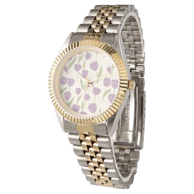 Paarse Tulp Bloempatroon Horloge (Gekanteld)