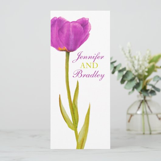 Paarse tulp bruiloftsreceptie dinermenu kaart (Staand voorkant)
