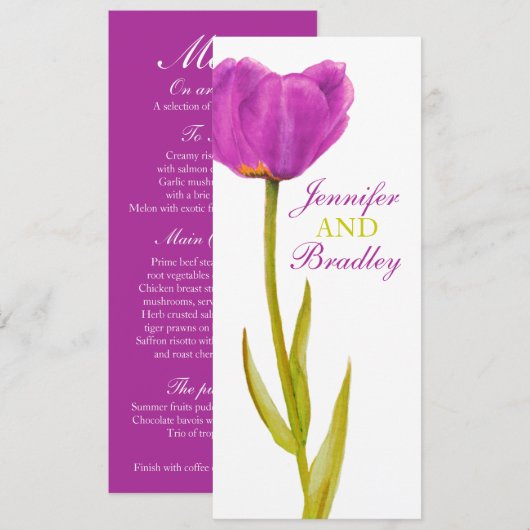 Paarse tulp bruiloftsreceptie dinermenu kaart (Voorkant / Achterkant)