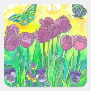Paarse Tulp Pansies Waterverf Flowers Vierkante Sticker