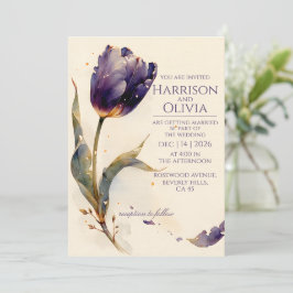 Paarse Tulp Waterverf Bloemige Elegante Trouw Uitn Kaart