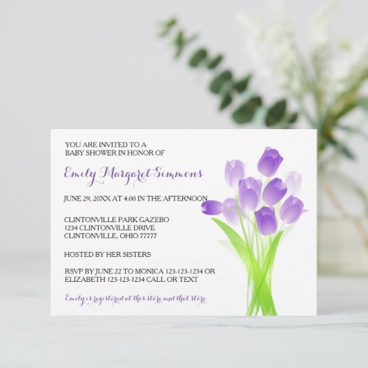 Paarse Tulpen - 3x5 Baby shower Uitnodiging (Staand voorkant)