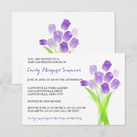 Paarse Tulpen - 3x5 Baby shower Uitnodiging (Voorkant / Achterkant)