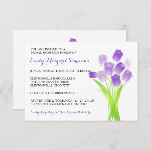 Paarse Tulpen - 3x5 Bruidsdouche Uitnodiging (Voorkant / Achterkant)