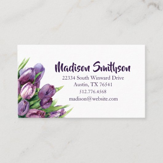 Paarse Tulpen Bloemen Waterverf Business/ Contactkaartje (Voorkant)