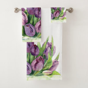 Paarse Tulpen Bloemen Waterverf Patroon Bad Handdoek
