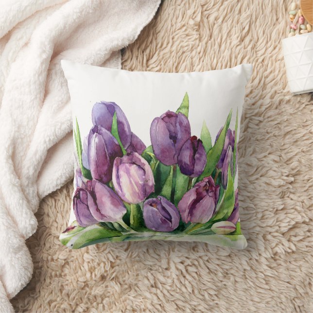 Paarse Tulpen Bloemen Waterverf Patroon Kussen (Deken)