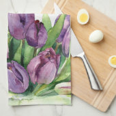 Paarse Tulpen Bloemen Waterverf Patroon Theedoek (Quarter Fold)