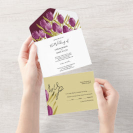 Paarse Tulpen Elegant Waterverf handbeschilderd All In One Uitnodiging