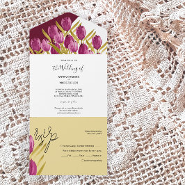 Paarse Tulpen Elegant Waterverf handbeschilderd All In One Uitnodiging