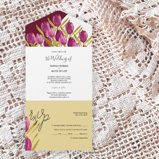 Paarse Tulpen Elegant Waterverf handbeschilderd All In One Uitnodiging