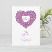 Paarse tulpen hart krans monogram trouwmenu menu (Staand voorkant)