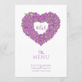 Paarse tulpen hart krans monogram trouwmenu menu