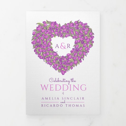 Paarse tulpen hartsmonogram bruiloft drieluik uitnodiging (Cover)