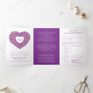 Paarse tulpen hartsmonogram bruiloft drieluik uitnodiging