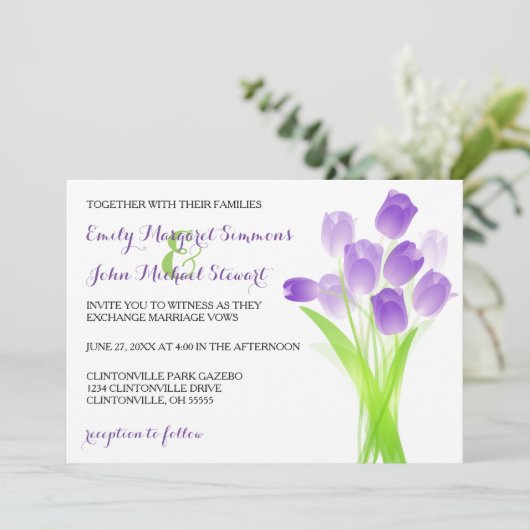 Paarse Tulpen - Huwelijksuitnodiging Kaart (Staand voorkant)