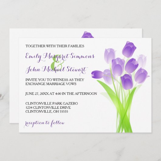 Paarse Tulpen - Huwelijksuitnodiging Kaart (Voorkant / Achterkant)