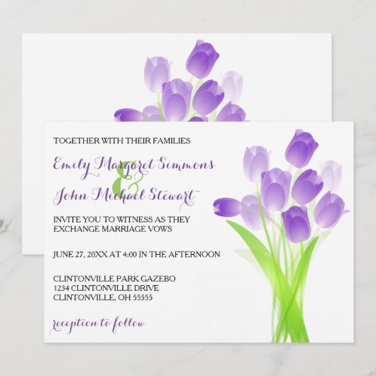 Paarse Tulpen - Huwelijksuitnodiging Kaart (Voorkant / Achterkant)