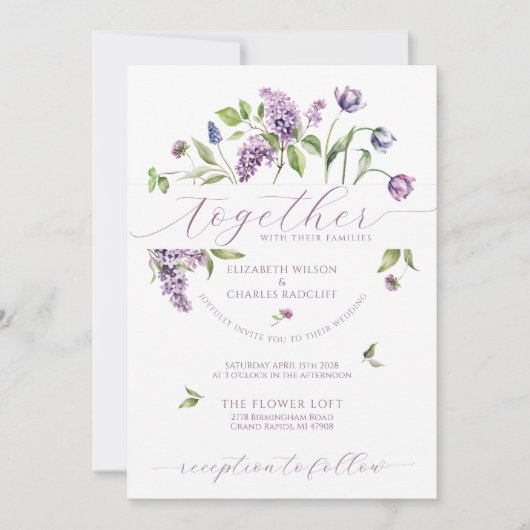 Paarse Tulpen & Lente Bloemen Bruiloft Uitnodiging (Voorkant)
