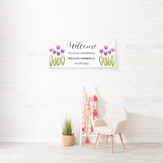 Paarse tulpen lente bloemenrustieke elegante bruil spandoek (Insitu)