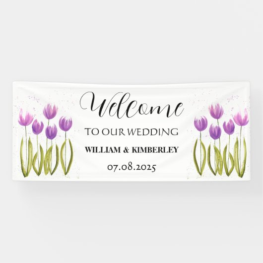 Paarse tulpen lente bloemenrustieke elegante bruil spandoek (Horizontaal)