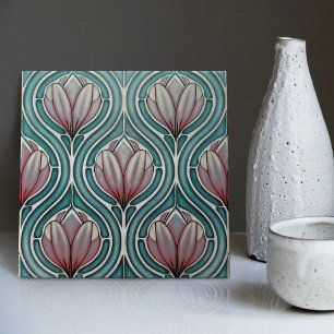 Paarse tulpen op Blauwe Symmetrische Art Nouveau Tegeltje