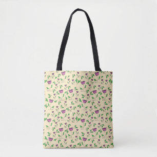Paarse tulpen op gele achtergrond tote bag