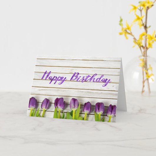 paarse tulpen op hout kaart (Gele Bloem)